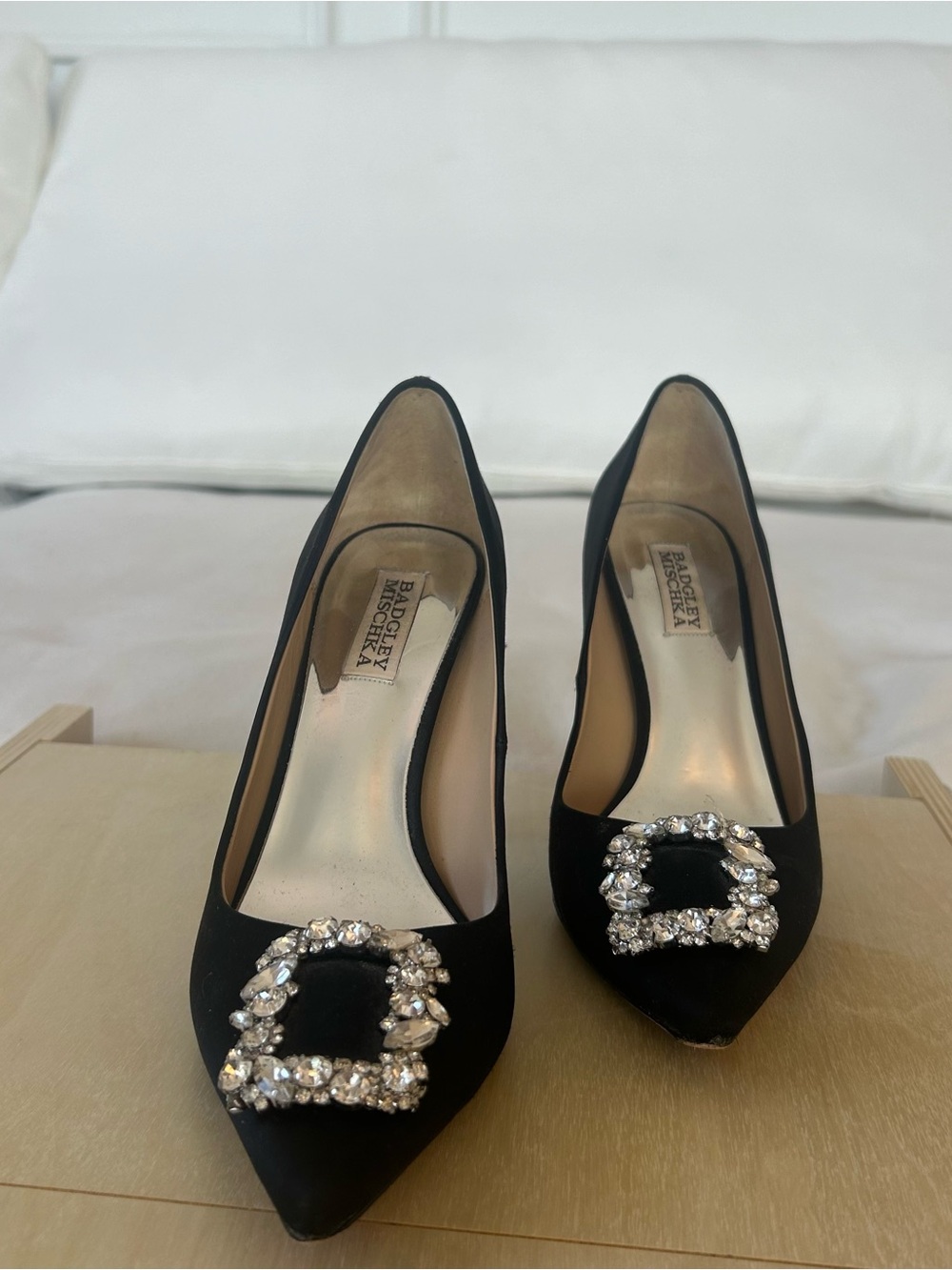 Badgley Mischka Women's Cher Crystal Buckle Pumps in Black Satin